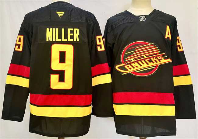 Mens Vancouver Canucks #9 J.T. Miller Black 2024-25 With A Patch Alternate Stitched Hockey Jersey